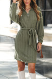 Green Lapel Zipper Long Sleeved Dress