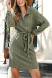 Green Lapel Zipper Long Sleeved Dress
