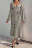 V-Neck Solid Color Knitted Long Sleeve Dress