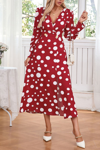 Wave Print V-Neck Long Sleeve Slit Dress