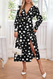 Wave Print V-Neck Long Sleeve Slit Dress