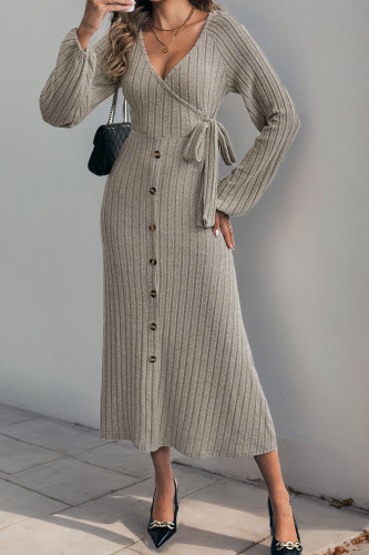 V-Neck Solid Color Knitted Long Sleeve Dress