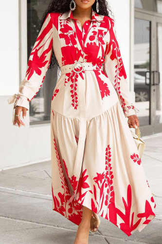 Large Size Collar Long Sleeved Printed Irregular Dress