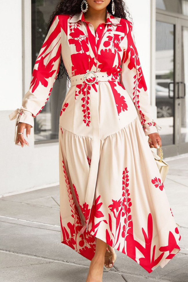 Large Size Collar Long Sleeved Printed Irregular Dress