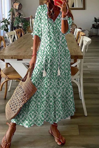 V-Neck Printed Long Sleeved Loose Dress