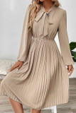 Bow Collar Lace Up Solid Color Pleated Dress