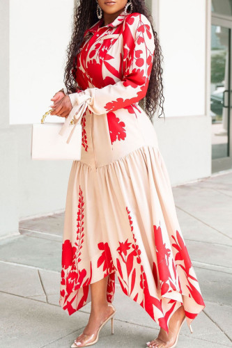 Large Size Collar Long Sleeved Printed Irregular Dress