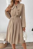 Bow Collar Lace Up Solid Color Pleated Dress