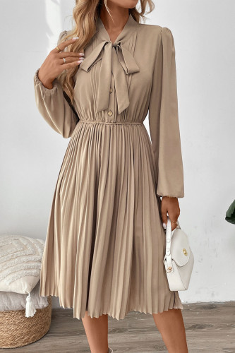Bow Collar Lace Up Solid Color Pleated Dress