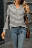 Casual Striped V neck Button Long Sleeved T-Shirt