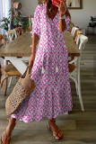 V-Neck Printed Long Sleeved Loose Dress
