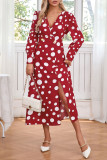 Wave Print V-Neck Long Sleeve Slit Dress