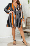 Large Size Printed V-Neck Lace Up Dress