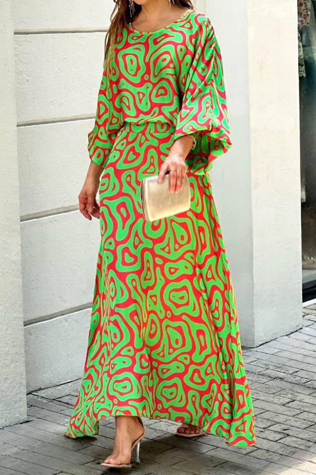 High Waisted Loose Printed Long Sleeved Skirt Two-Piece Set