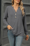 Casual Striped V neck Button Long Sleeved T-Shirt