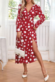 Wave Print V-Neck Long Sleeve Slit Dress
