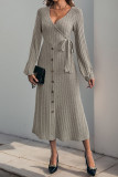V-Neck Solid Color Knitted Long Sleeve Dress