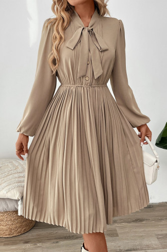 Bow Collar Lace Up Solid Color Pleated Dress
