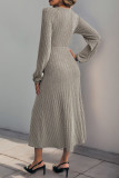 V-Neck Solid Color Knitted Long Sleeve Dress