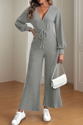 V-Neck Bat Sleeve Solid Color Wide Leg Jumpsuit