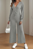 V-Neck Bat Sleeve Solid Color Wide Leg Jumpsuit