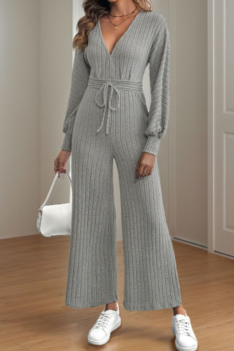 V-Neck Bat Sleeve Solid Color Wide Leg Jumpsuit