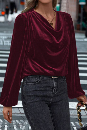 Golden Velvet Pile Collar Lantern Sleeve Top