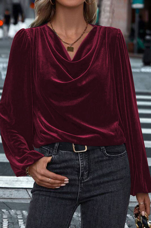 Golden Velvet Pile Collar Lantern Sleeve Top