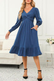 V-Neck Long Sleeved Ruffle Edge Dress