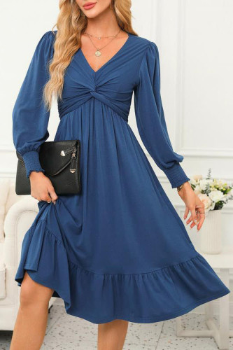 V-Neck Long Sleeved Ruffle Edge Dress
