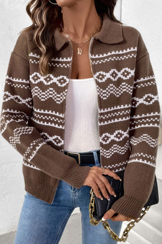 Flip Collar Casual Knitted Sweater Zipper Cardigan
