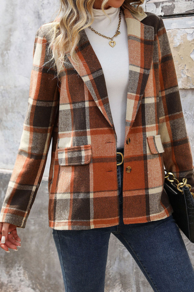 Retro Plaid Print Lapel Suit Jacket Cardigan