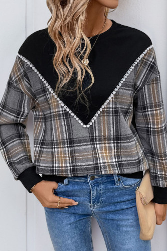 Plaid Patchwork Round Neck Long Sleeve Hoodie