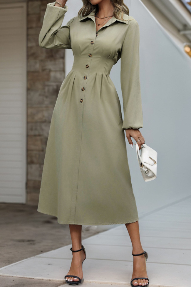 Lapel Long Sleeve Button Shirt Dress