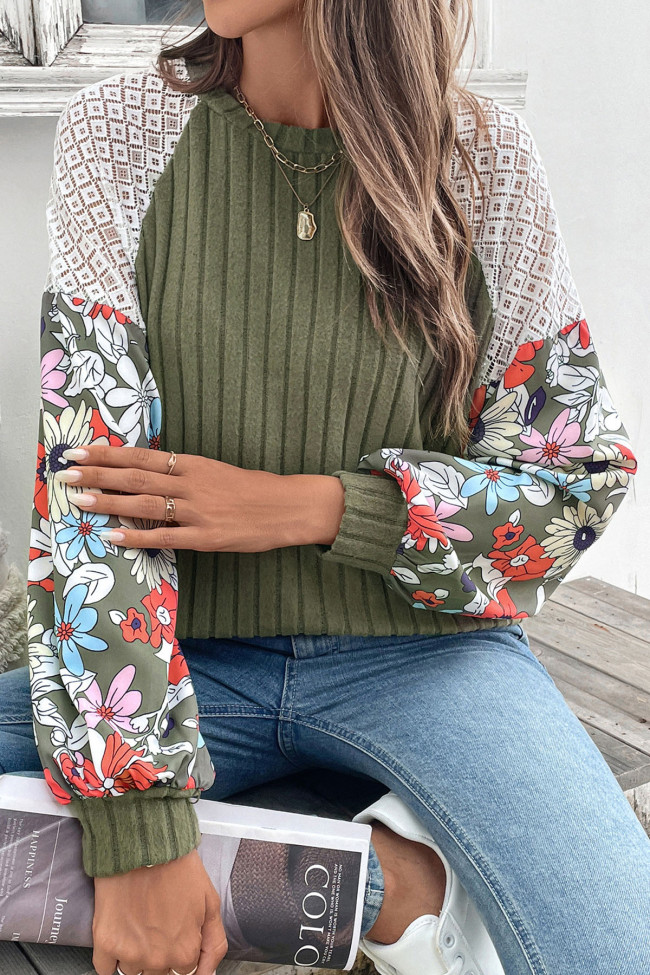 Round Neck Flower Pattern Color Blocked Knit Sweater