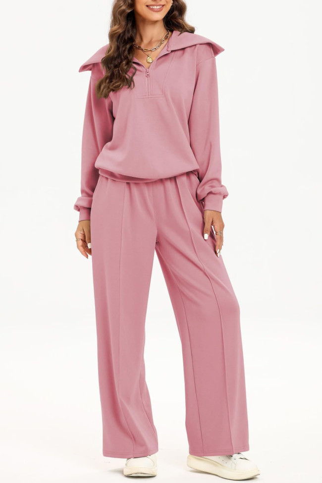 Half Zip Long Sleeved Top Wide Leg Long Pants Two-Piece Set