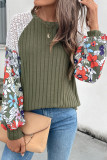 Round Neck Flower Pattern Color Blocked Knit Sweater