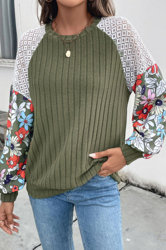 Round Neck Flower Pattern Color Blocked Knit Sweater