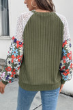 Round Neck Flower Pattern Color Blocked Knit Sweater