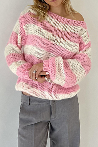 Round Neck Striped Loose Long Sleeved Knitted Sweater