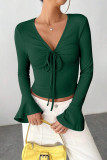 Horn Sleeve V-Neck Solid Color Shirt