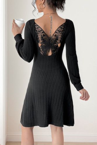 V-Neck Solid Color Long Sleeved Knitted Dress