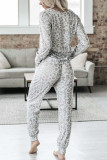 V-Neck Leopard Print Long Sleeved Top Pants Two-Piece Set