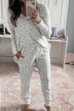 V-Neck Leopard Print Long Sleeved Top Pants Two-Piece Set