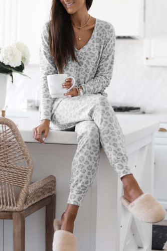 V-Neck Leopard Print Long Sleeved Top Pants Two-Piece Set