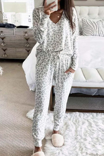 V-Neck Leopard Print Long Sleeved Top Pants Two-Piece Set
