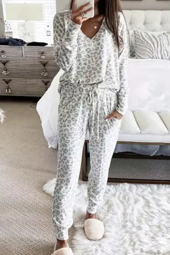 V-Neck Leopard Print Long Sleeved Top Pants Two-Piece Set