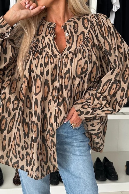 Light French Beige Leopard Print Balloon Sleeve Loose Blouse