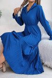 Lapel Button Long Sleeved Pleated Dress