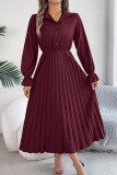 Lapel Button Long Sleeved Pleated Dress